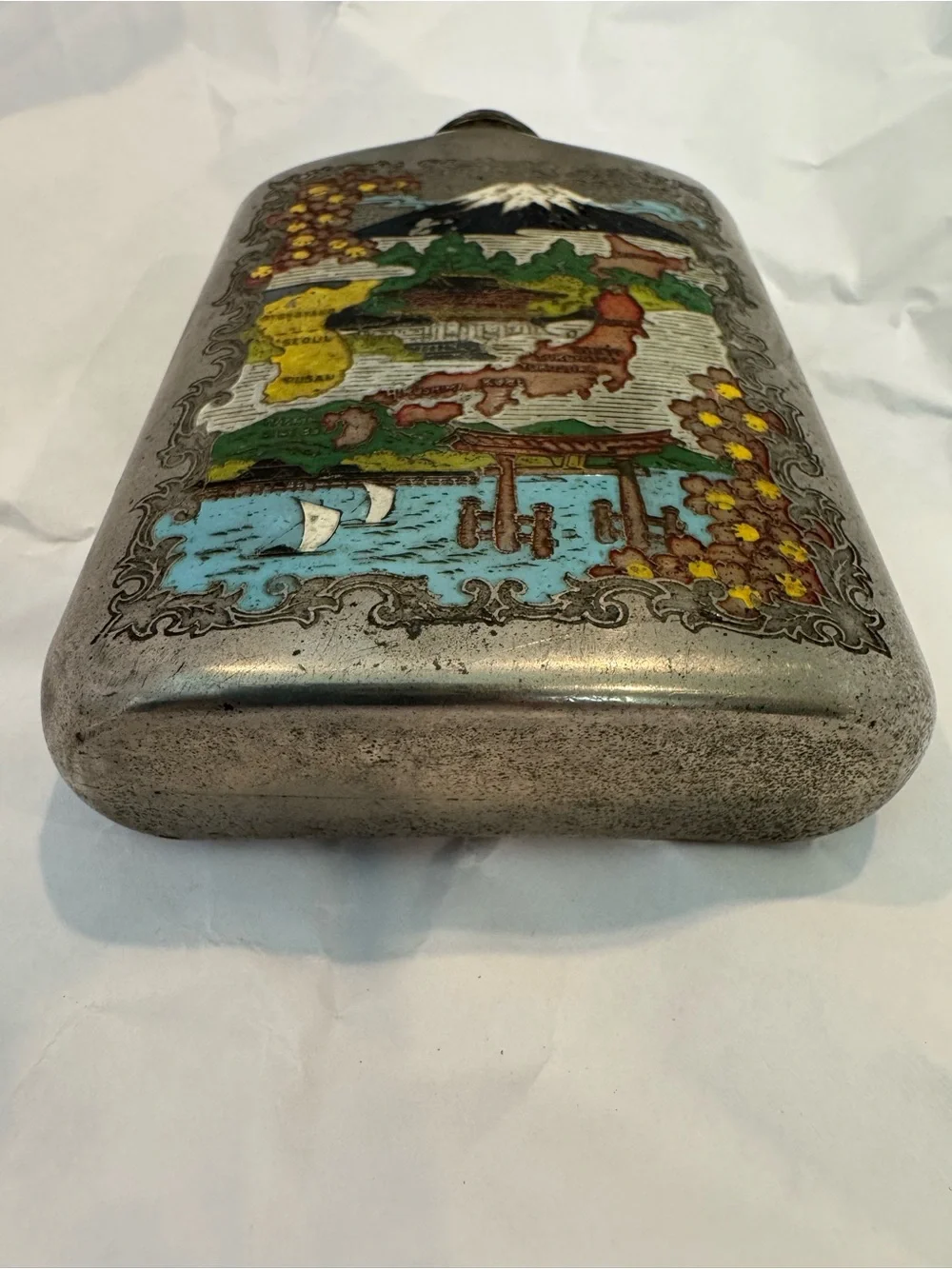 Vintage Korean War Era Silver-Toned Flask With Enameled Map of Korea and Japan